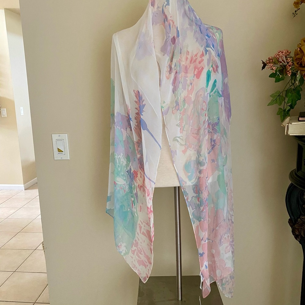 Sheer Watercolor Floral Scarf - Pastel Multicolo
